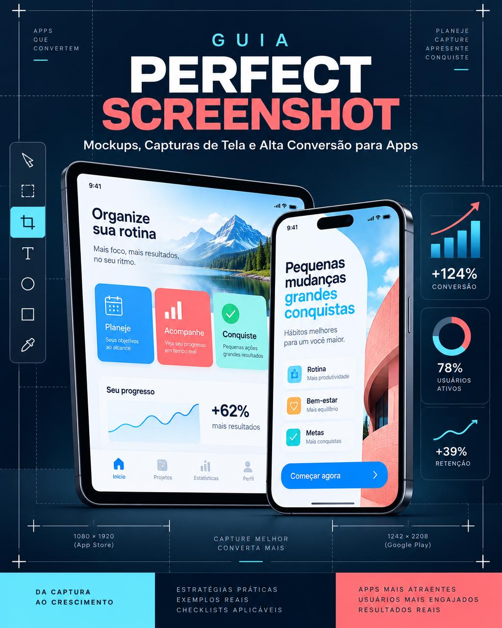 Capa do Guia Perfect Screenshot, com telas de aplicativo em mockups de smartphone